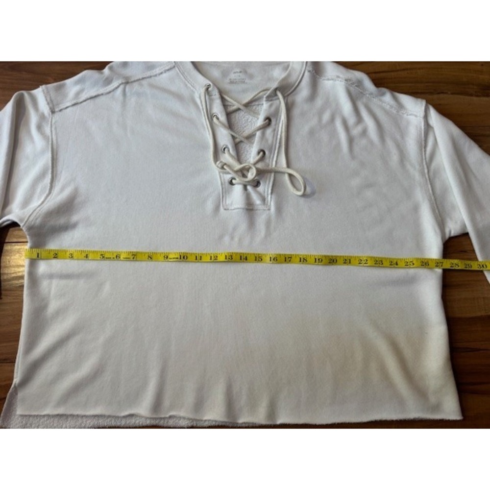 Aerie Lace Up V-Neck Sweatshirt White Boxy Raw Hem‎ Large - Picture 5 of 8